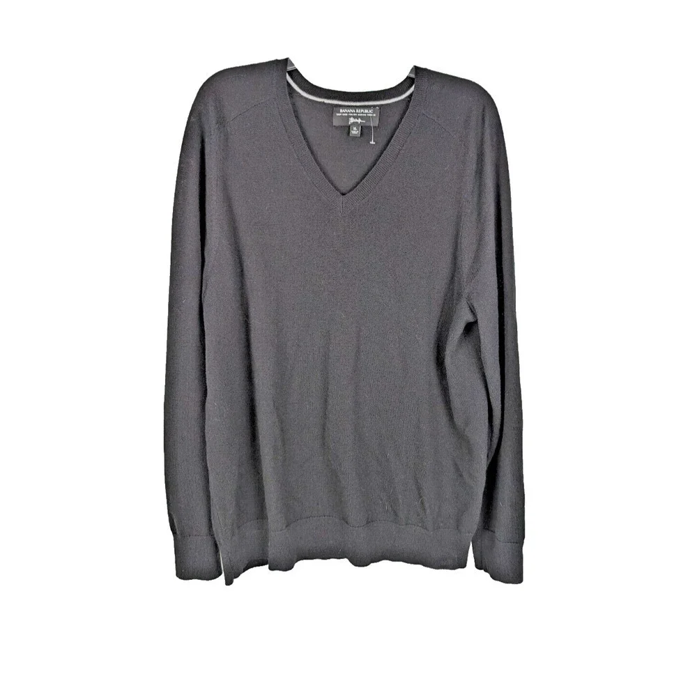 Banana Republic Baruffa Sweater Mens XL 100% Italian Merino Yarn Black V-neck